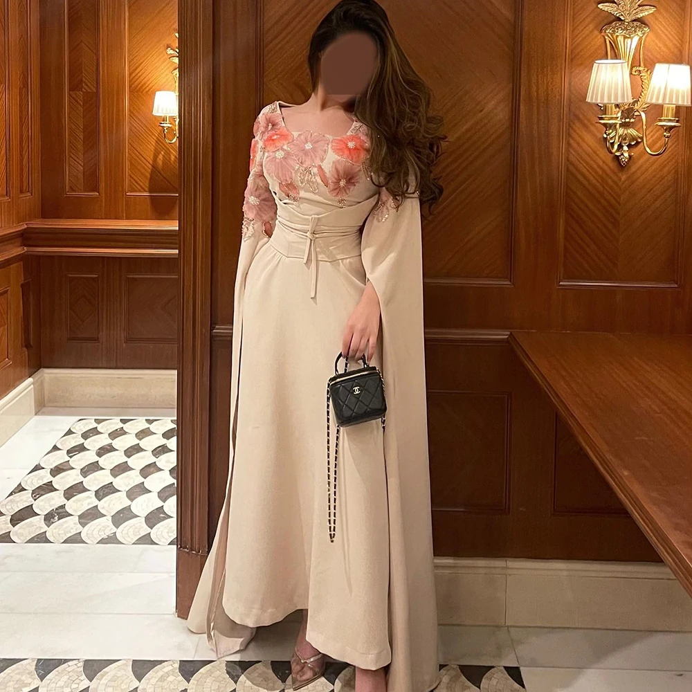 

Customized O-neck A-line Jersey Evening Dress With Flower Full Sleeves Party Dress Ankle Length Pleat Prom Gown For Women