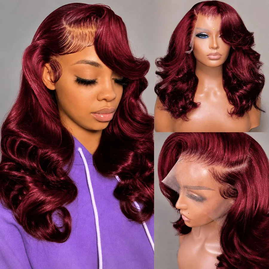 Dixtefo 30 38 Inch 99J Burgundy 13x6 Lace Frontal Wigs Red Colored Brazilian Body Wave 13x6 HD Transparent Human Hair Wigs For Women