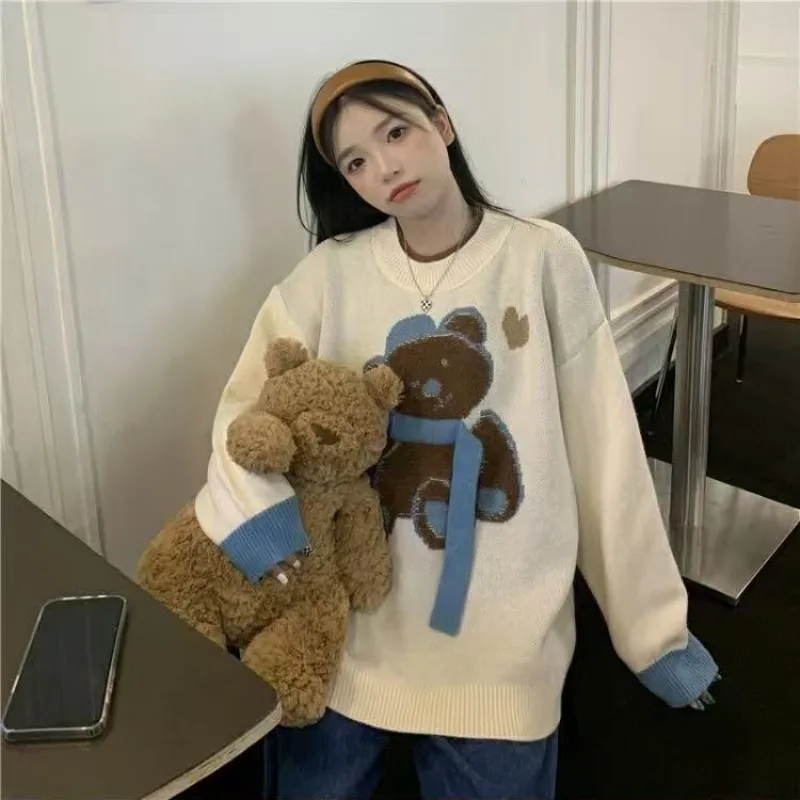 Women's Little Bear Pullovers Lovely Sweater New Japanese Preppy Style Knitwear for Lady Loose Pullovers Teddy Bear Sweaters New