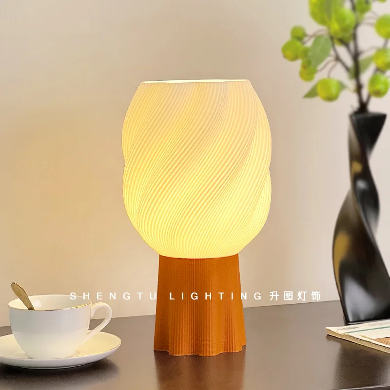 Cream Minimalist Twisted Ribbed Table Lamp Orange Textured Resin Base Small Nightstand Light Bedroom Bedside Coffee Hall Fixture