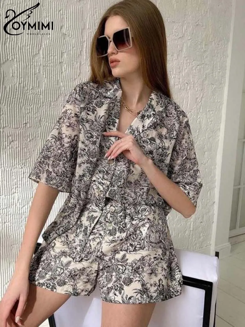 Oymimi Elegant Khaki Print Women 2 Piece Set Outfit Fashion Lapel Half Sleeve Button Shirts And High Waist Shorts Set Streetwear