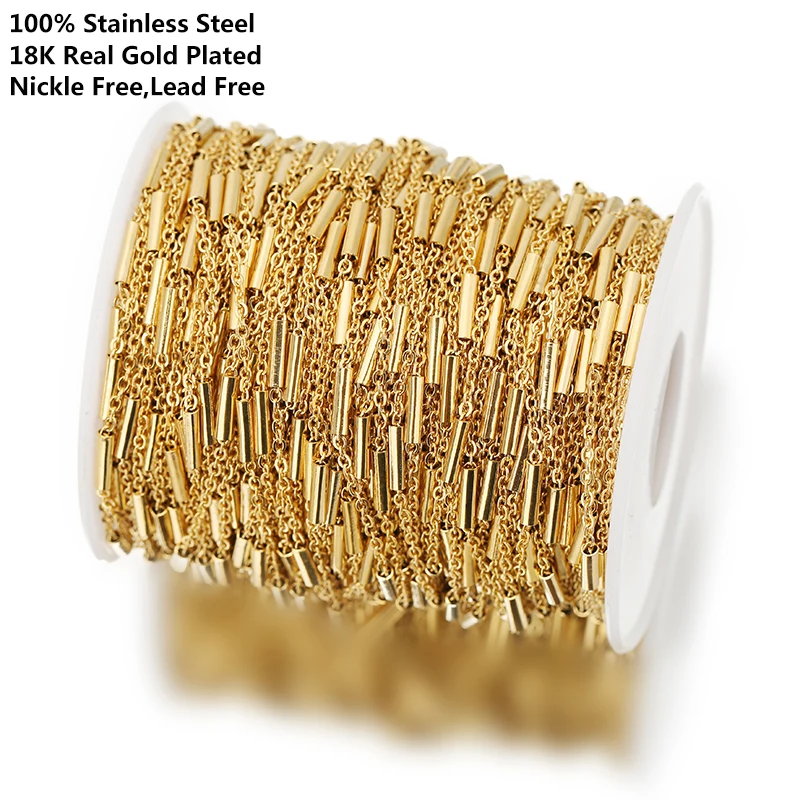 1Meter 1.5mm Stainles Steel Cross Chains with 8mm Gold Tube for Women Necklace Bracelet Chain Jewelry Making Supplies Bulk