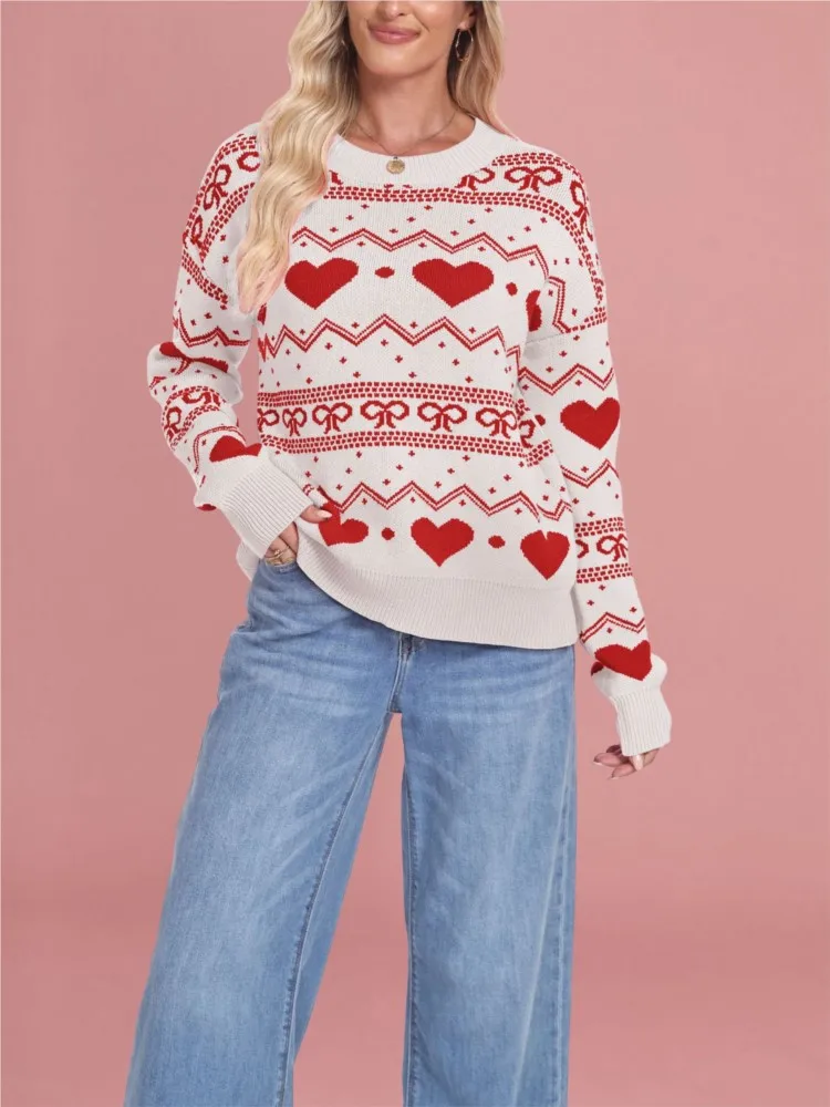 

2025 Autumn Winter Commuting Pullovers Casual Sweater Knitted Woman Clothes Fall Clothing Homewear Printing Loose Christmas Love