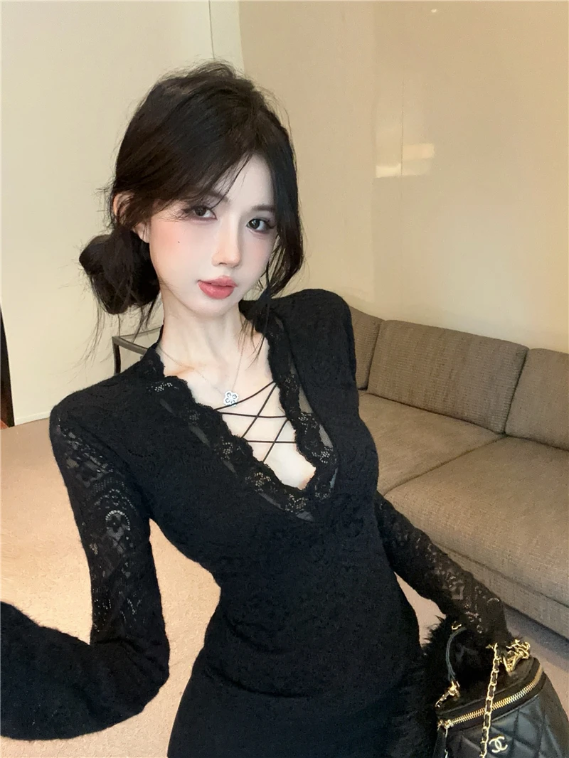 

Pure Desire Sexy V-Neck Ruffle Sleeveless Lace Camisole Women's Autumn Winter Fleece Lined Base Shirt Inner Wear Outer Wear