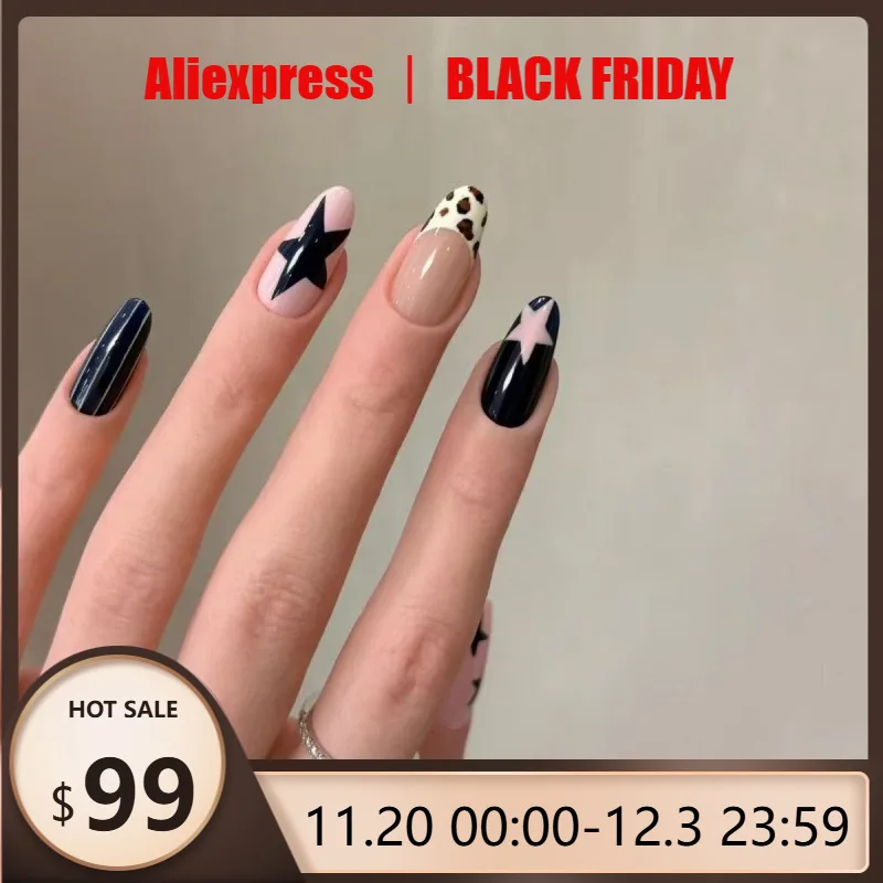 

24Pcs Fake Nail Black Powder Solid Color Elegant Sweet Edgy French Leopard Print Star Design Perfect Gift for Girls and Friends