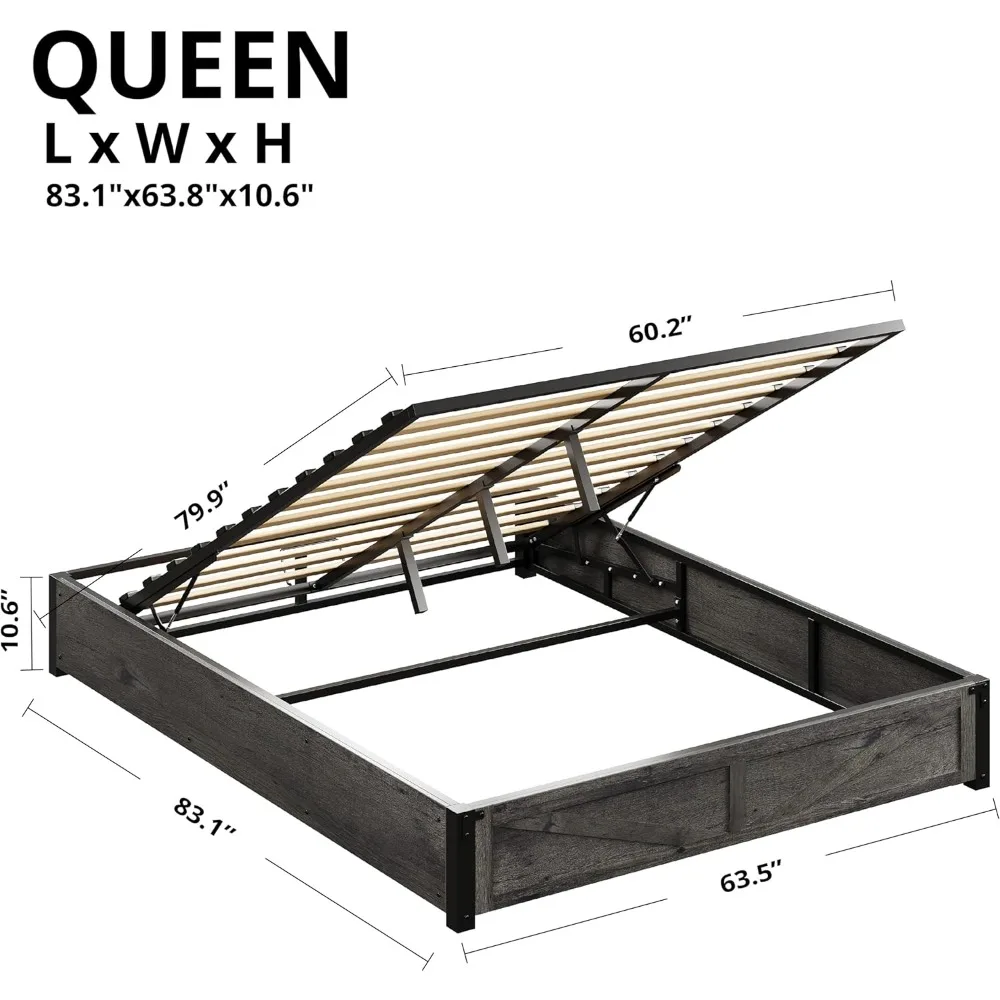 LIKIMIO Platform Queen Size Bed Frame, Farmhouse Bed Frames with Lift Up Storage, Wooden Slats, Sturdy and No Noise, Easy Assemb