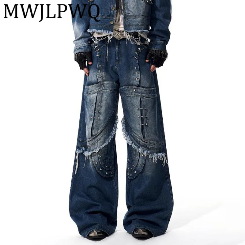 

MWJLPWQ Street Deconstructed Rivet Design Jeans For Men Hiphop Autumn Rough Edge Spliced Washed Vintage Straight Pant Tide 12130