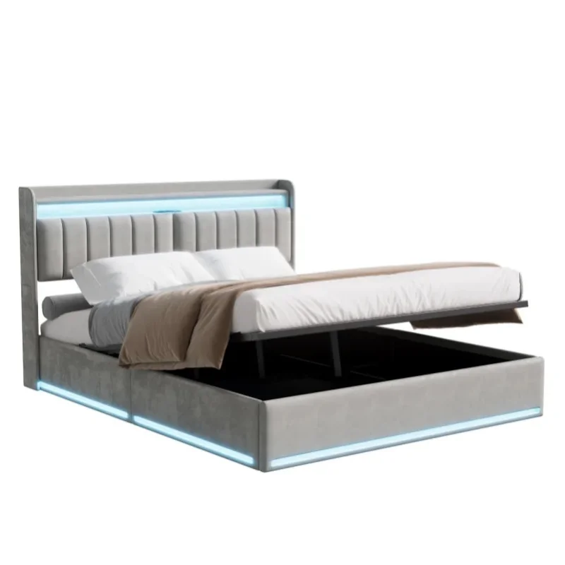 Polsterbett, 160 x 200 cm, LED-Doppelbett mit Stauraum und Lattenrost, Kopfteil mit Stauraum und USB-Ladefunktion, Hydraulisches Stauraumbett, Funktionsbett, Jugendbett, Bettgestell