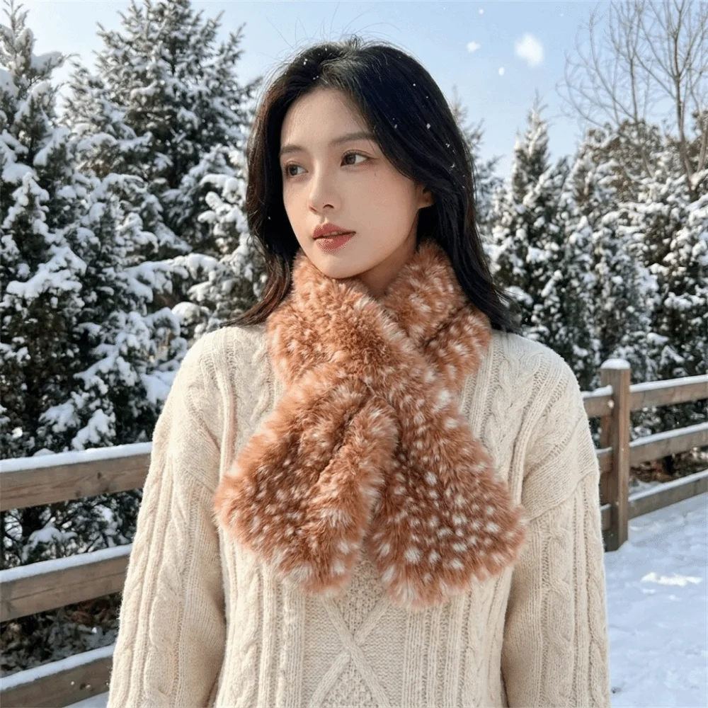 Thick Warm Deer Patterned Faux Fur Scarf Soft Fluffy Faux Mink Fur Cross-tie Scarf Luxury Thermal Comfortable Fit