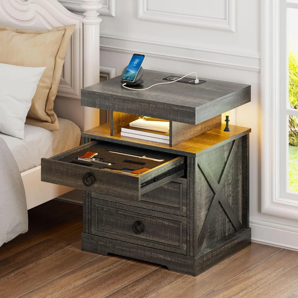 

Farmhouse Night Stand with Lockable Gun Drawer,LED Nightstand with Charging Station, Bedside Table with Human Sensor, Customized