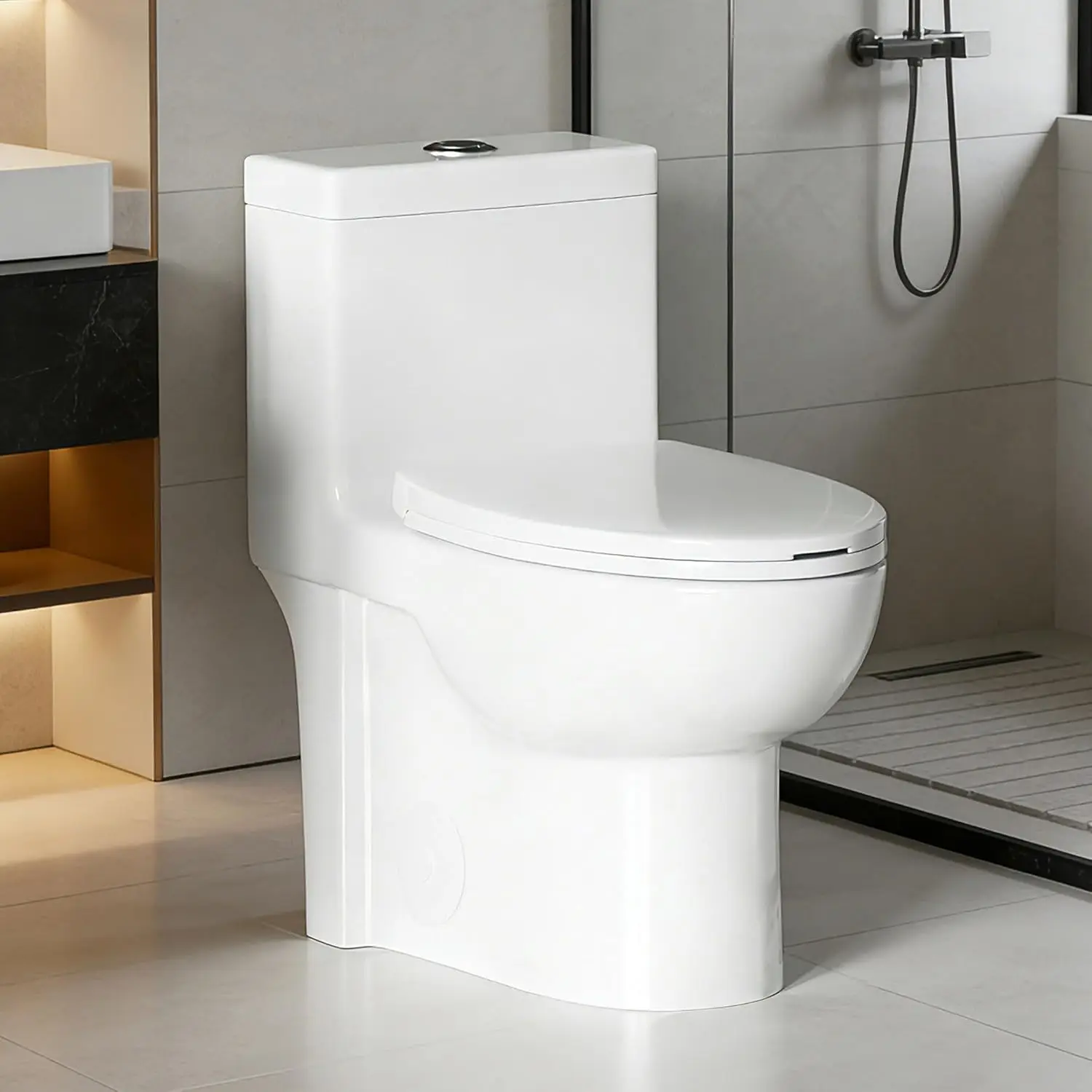 

Белый унитаз-компакт из двух частей, удлиненный, с комфортной высотой чаши, сиденьем с плавным закрыванием и быстрым снятием, мощный смыв 1.28 GPF, монтажное отверстие 12 дюймов