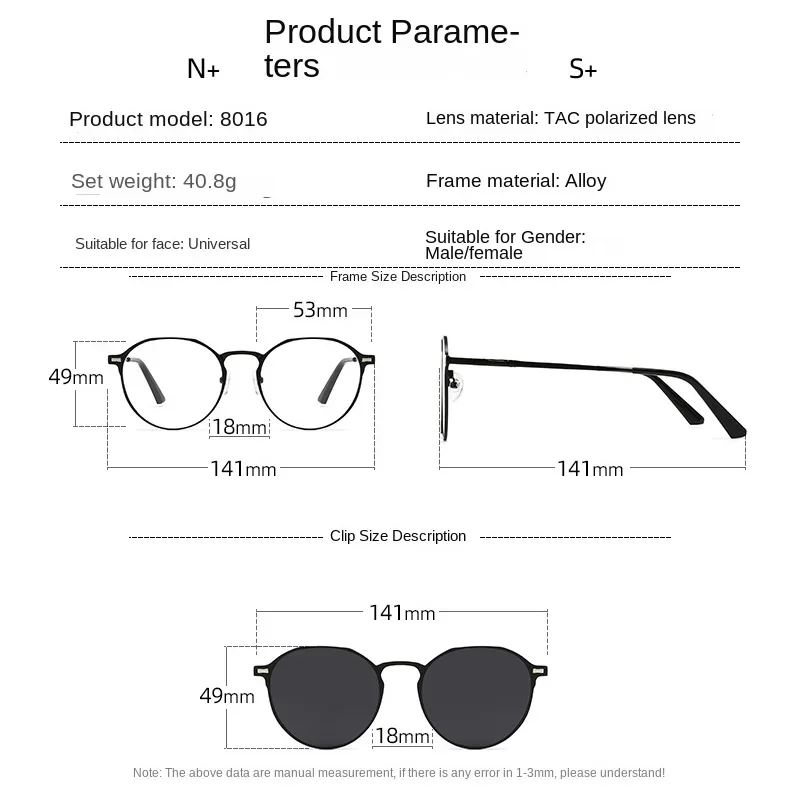 Oval 3 IN 1 Frame PolarizcL Clips Glasses Magnetic On Glasses Metal Legs Optical Eyeglass Magnet Eyeglasses  Anti Blue Light