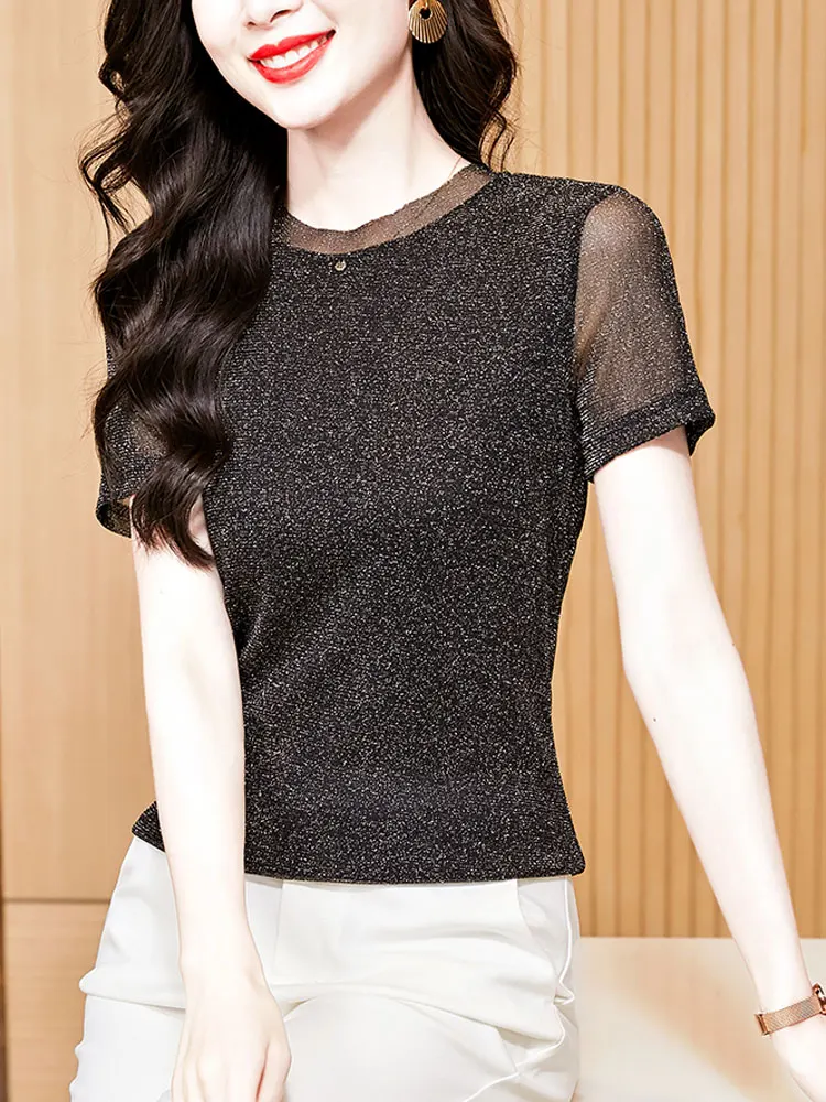 

Faionable round Ne Me ort Sve T-irt Women Summer Hit Lace Base irt Slimming iny Silk Top Ele Bright