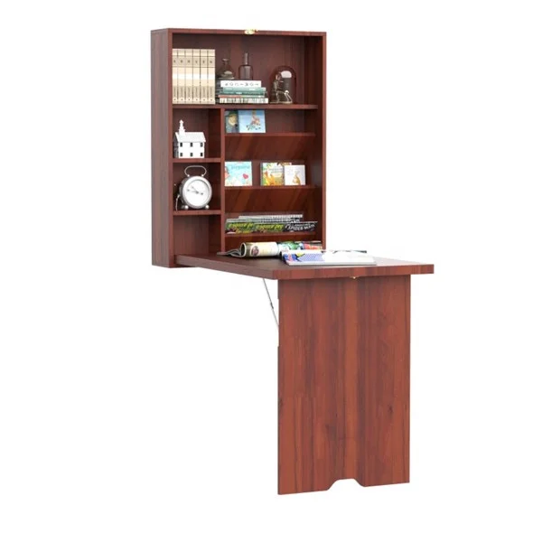 

Mahogany wall-mounted cabinet PC/gaming computer desk with drawers collapsible and adjustable height wall-mounted design