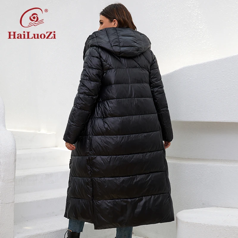 HaiLuoZi New 2022 Women\'s Coat Long Knee Length Thick Warm Belt Zipper Quilting Classic Hooded Parkas Winter Jackets Women 6037