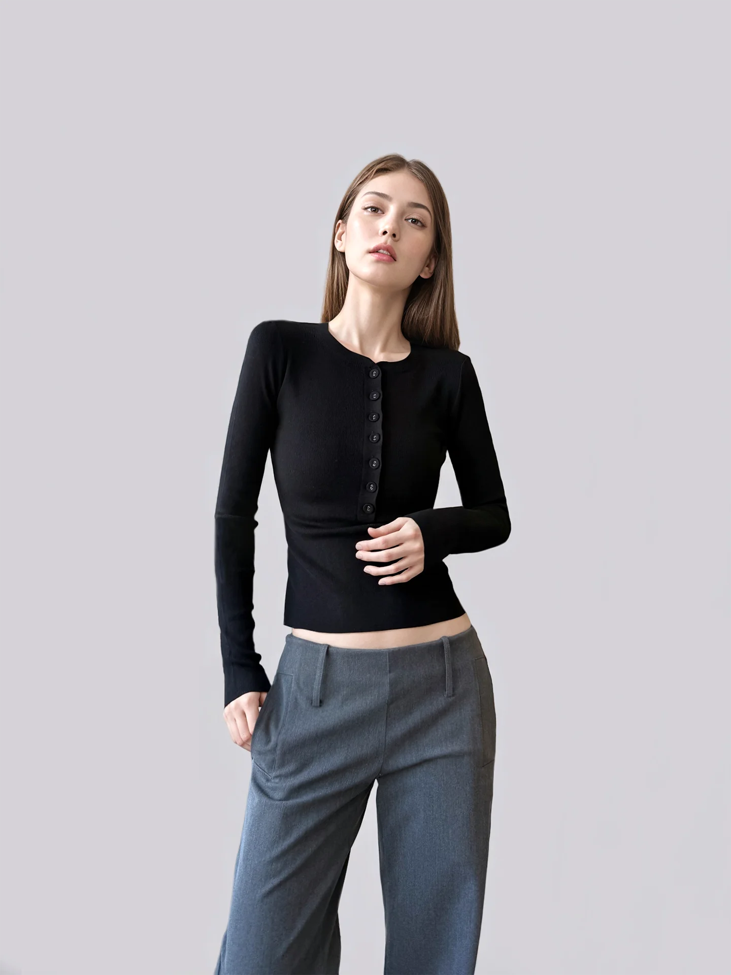 

ANGJIA Женский облегающий трикотажный топ с длинным рукавом и круглым вырезом, повседневный, из мягкой ткани, с пуговицами, для ранней весны