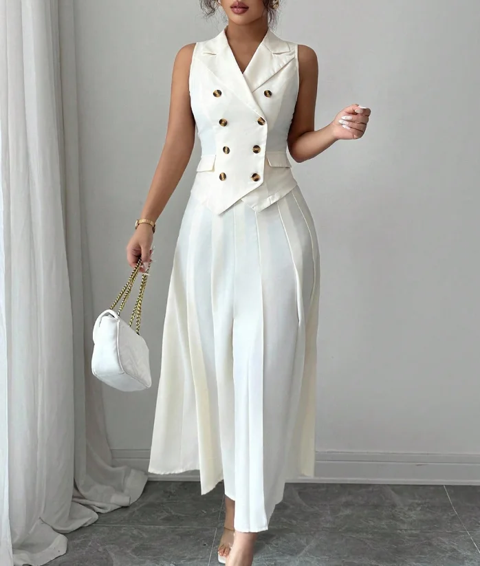 Two Piece Set Women Outfit 2026 Spring Notched Collar Summer Sleeveless Double Breasted Vest & High Waist Pleated Long Skirt Set