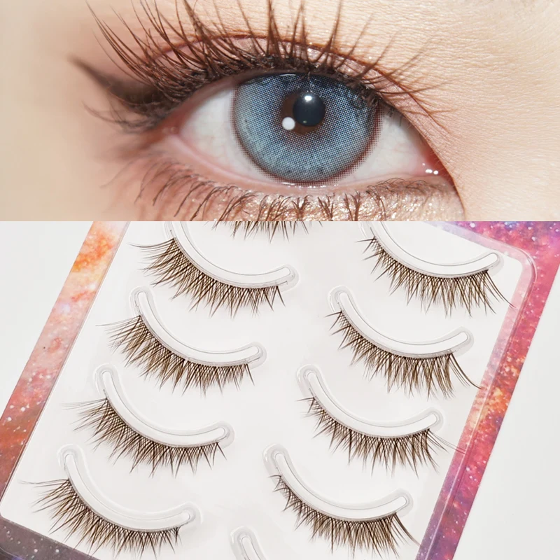 Xuanfeiwu bruine karamelkleurige wimpers met transparante steel, eendelige diagonale vliegende vos-stijl Cat Eye realistische natuurlijke valse wimpers, kort aan de voorkant en lang aan de achterkant, zelf-enten lijmwimpers