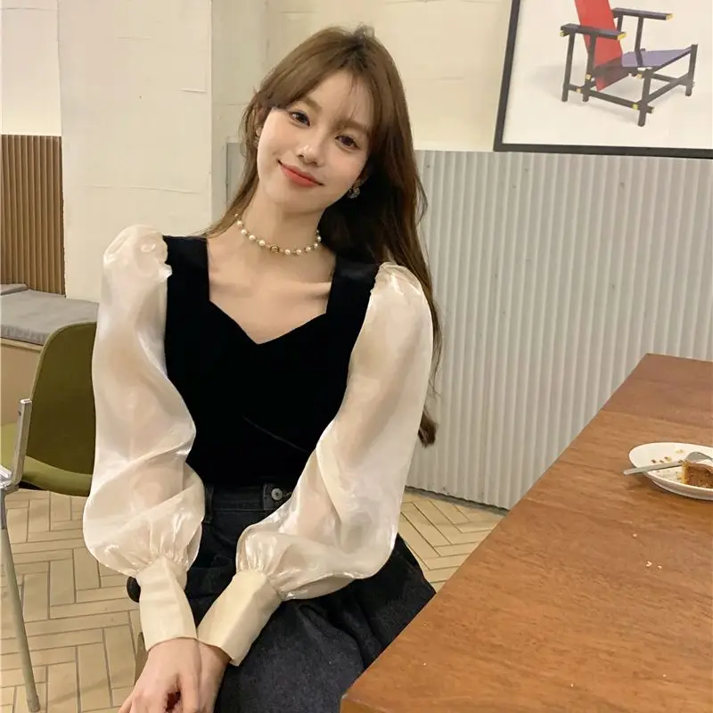 

Long Sleeve Contrast Patchwork Temperament Blouse Youth All-match Elegant Shirt Tops Spring Autumn Korean Fashion Women Clothing