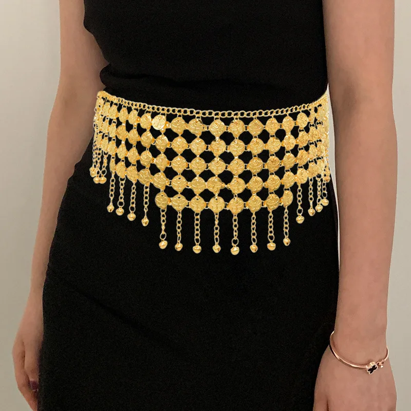 سلسلة خصر بشرابة معدنية للنساء ، حزام سلسلة بطن مثير ، مجوهرات قابلة للتعديل ، أزياء عرقية