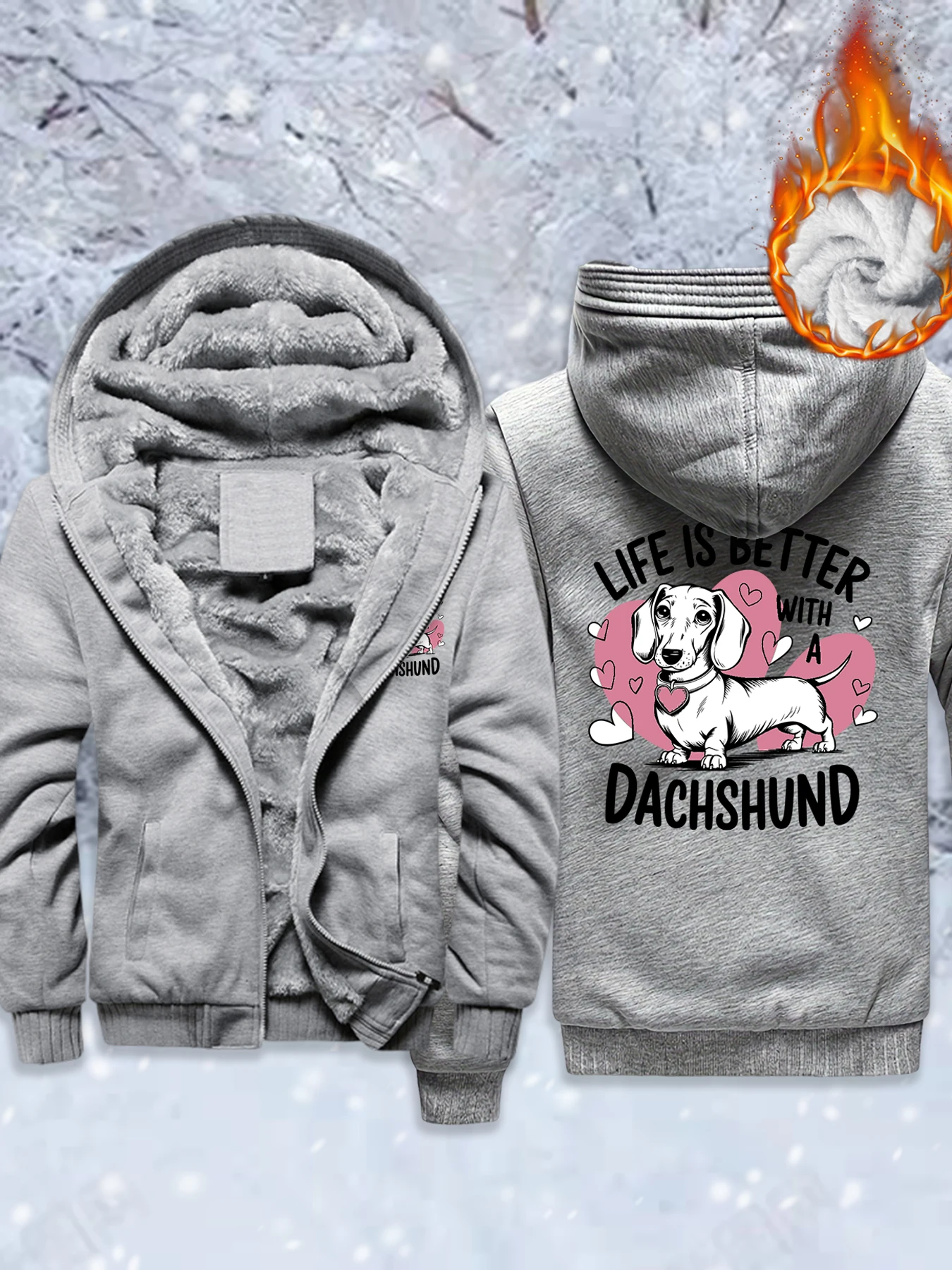 

Life Is Better Pink Cartoon Dog Print Thicken Coats Men Fleece Oversized Streetwear Soft Zipper Hoodies Winter Casual Jackets