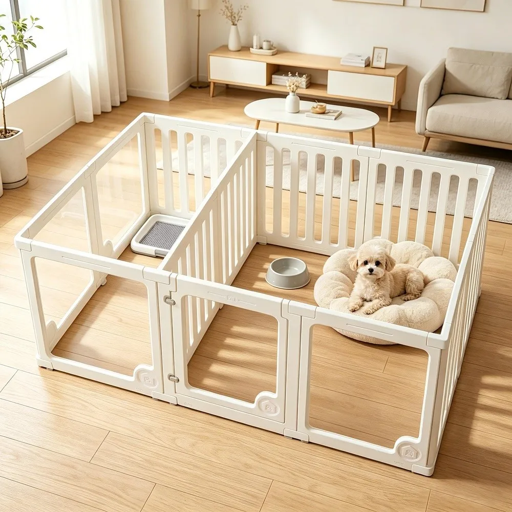 Clear Acrylic Dog Playpen 12 Panels with Divider 2 Room Design