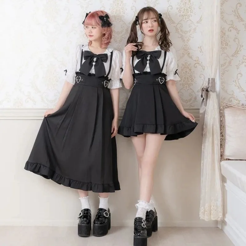 

Gothic Y2k Lolita High Waist Pleated Skirt Women Japanese Harajuku Dark Ruffle Short Skirt Sweet Cute A-Line Long Strap Skirt