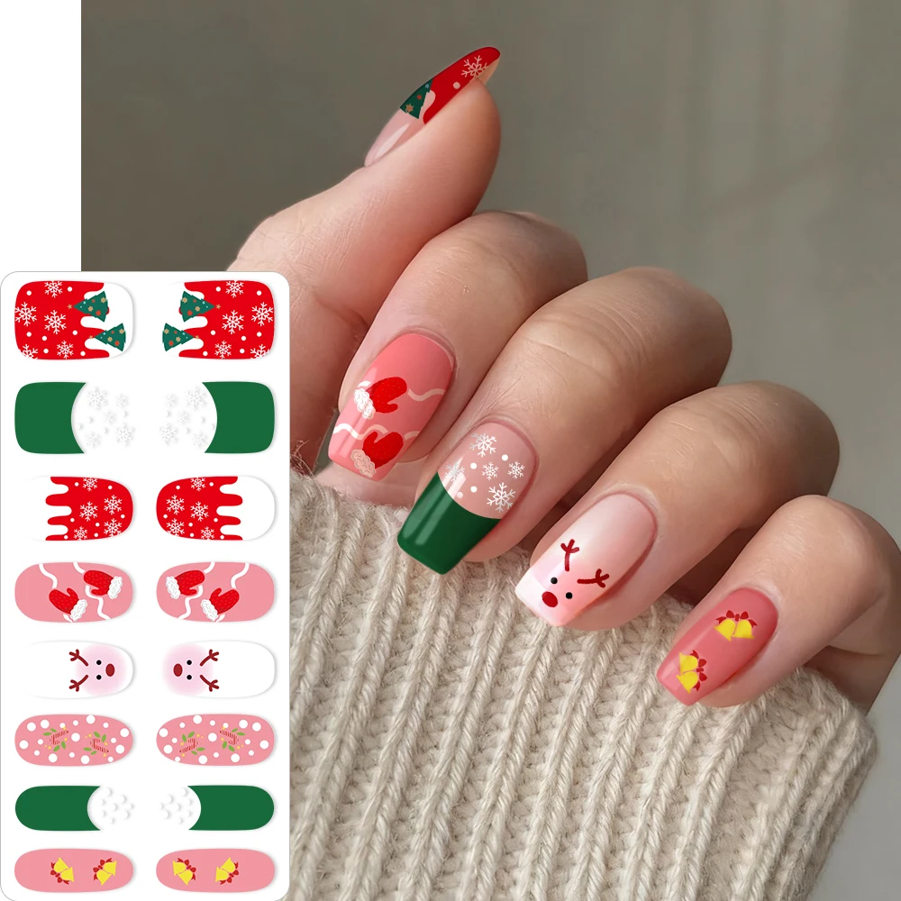 1장(16팁) 크리스마스 풀 커버 셀프 접착 네일 스티커 귀여운 산타클로스 눈송이 크리스마스 트리 디자인 네일 폴리시 스트립