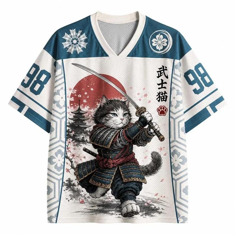 Wind Warrior Cat 3D Printed Mesh Jersey Sakura Guta Cute Pet Illustration Loose Trendy Breathable Quick Drying Short Sleeve