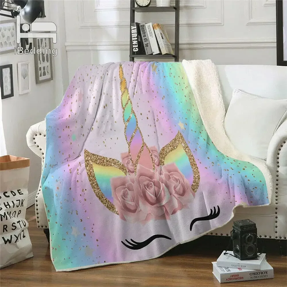 

2024 Winter 3d Print Blanket Rainbow Glitter Purple Sparkles Unicorn Flannel Bed Blanket Bedroom Couch Camping Lightweight Quilt