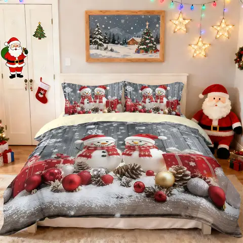 3pcs Merry Christmas snowman print coreless down comforter set multi size bedroom bedding holiday decoration machine washable