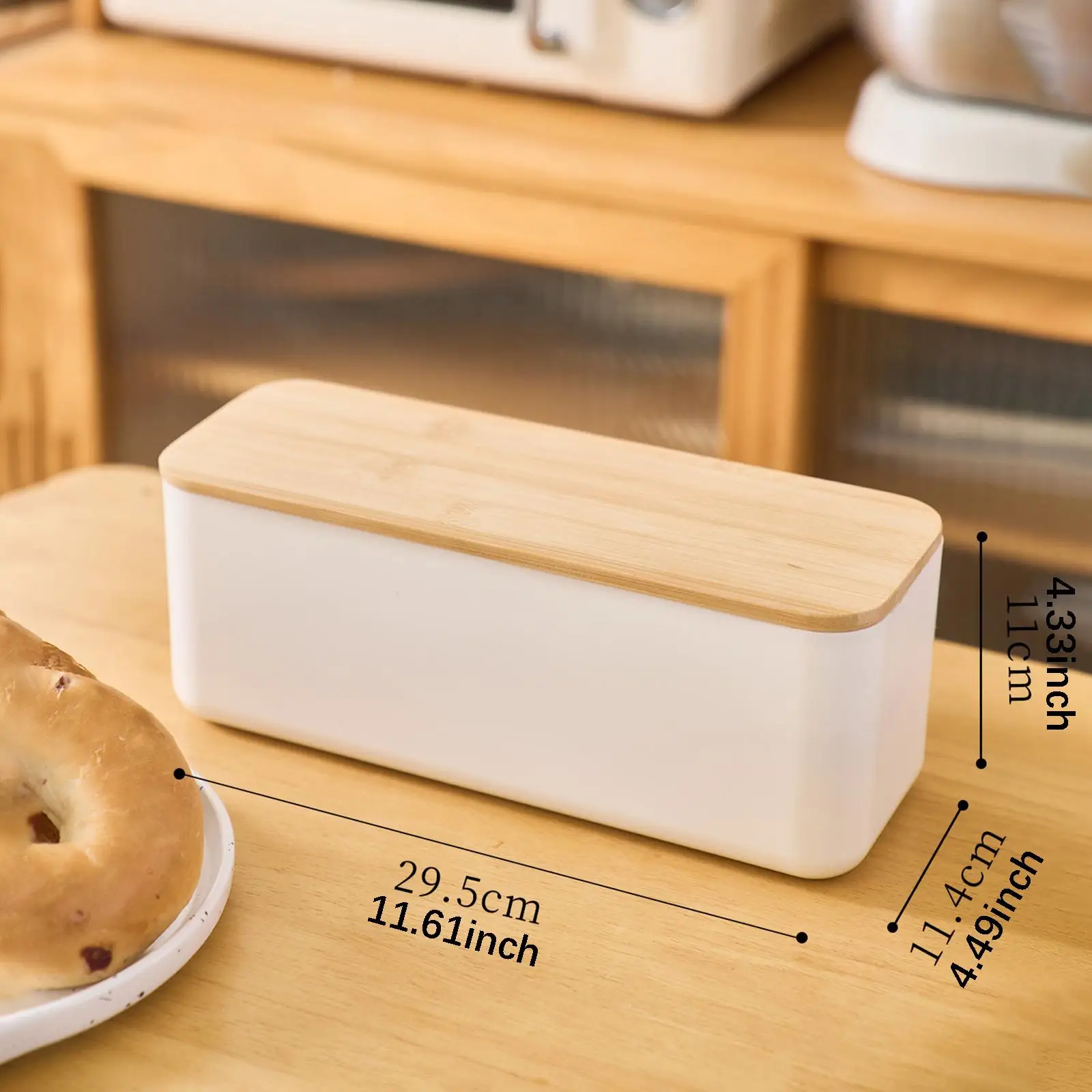 ABS Plastic Bread Bin with Wooden Lid Multipurpose Storage Box for Bread Snacks Cakes and Home Organization