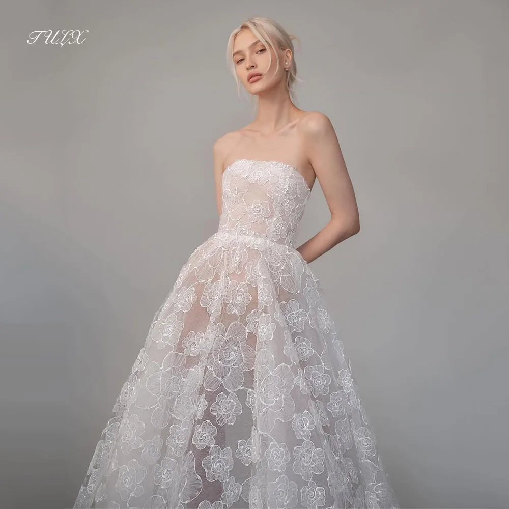 TULX Luxury Ivory Lace Wedding Dress Strapless Sleeveless Bridal Gowns A line Long Sweep Train Dress Robe De Mariée Customized