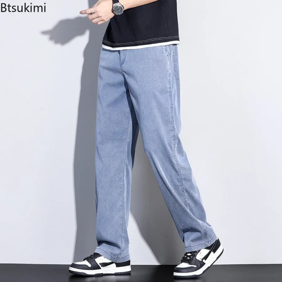 2025 Autumn New Lyocell Fabric Jeans Men's Casual Pants High Quality Straight Sweatpants Soft Wide Leg Baggy Trousers Hot Sales