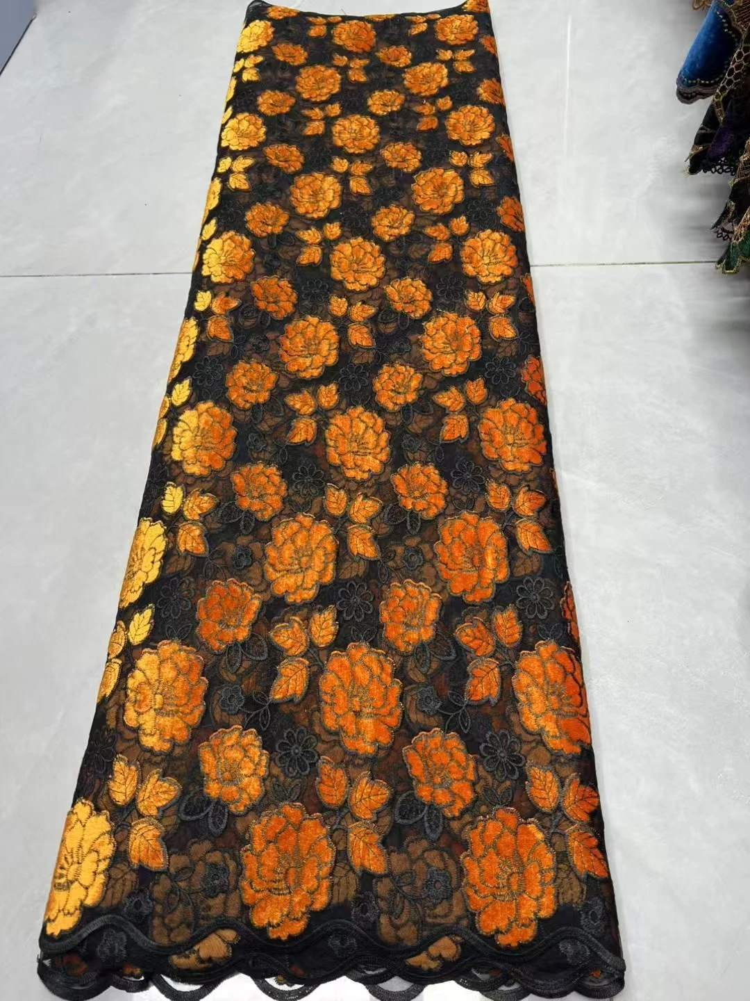 ​OLEVO Black Orange Floral Lace Fabric Luxury Sheer Mesh Material for Wedding Bridal Gown Evening Banquet Dress AX3229-A1