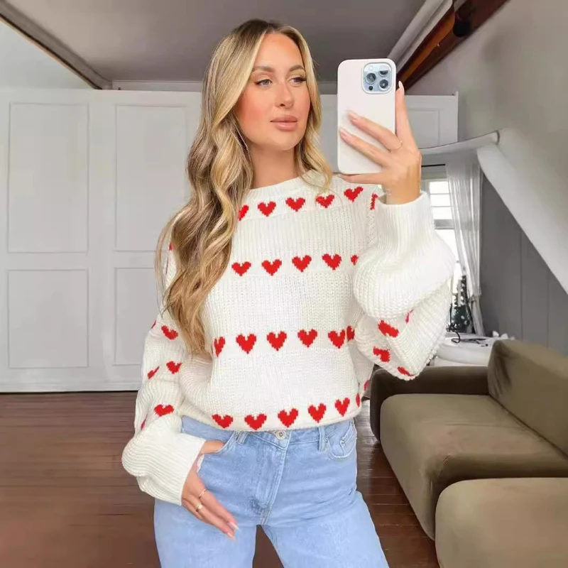 

Women Sweaters Print Knit Long Sleeve Round Neck Spliced Pullovers Jumpers Straight Sweet Elegant Lady Casual Autumn 2025