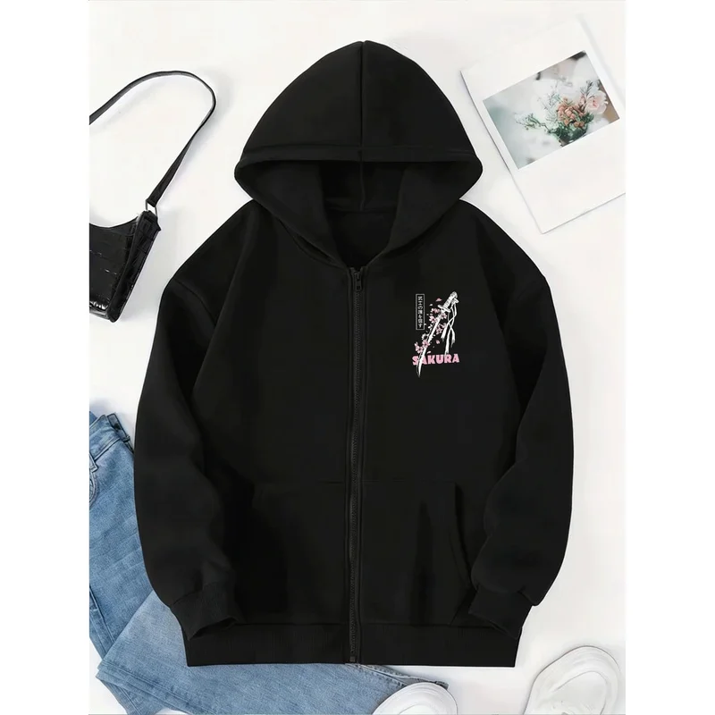 Women'S Samurai Spirit Cherry Blossom Printed Fleece Hoodie, Zip-Up Sweatshirt, Fall Winter Outerwear Jacket