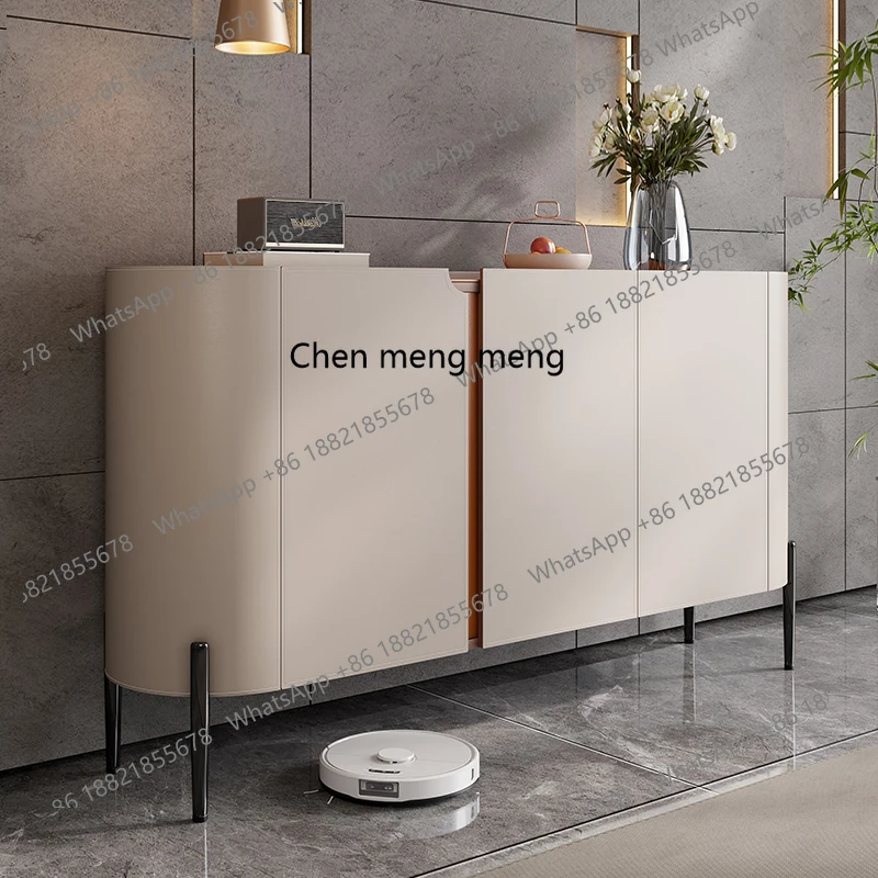 Italian Style Saddle Leather Sideboard Cabinet Living Room Modern Entrance Cabinet High Leg Storage Cabinet