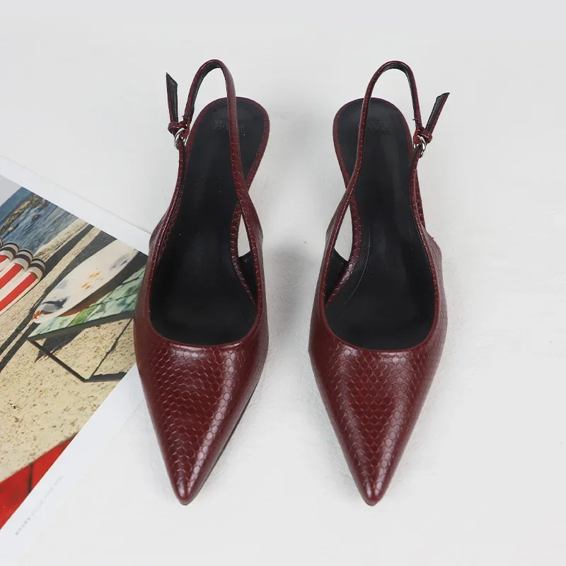 

2025 Women Summer Heels Sandals Woman Dress Shoes Snake Pattern Retro Style Pointed Mules Metal Buckle Work Office Pumps