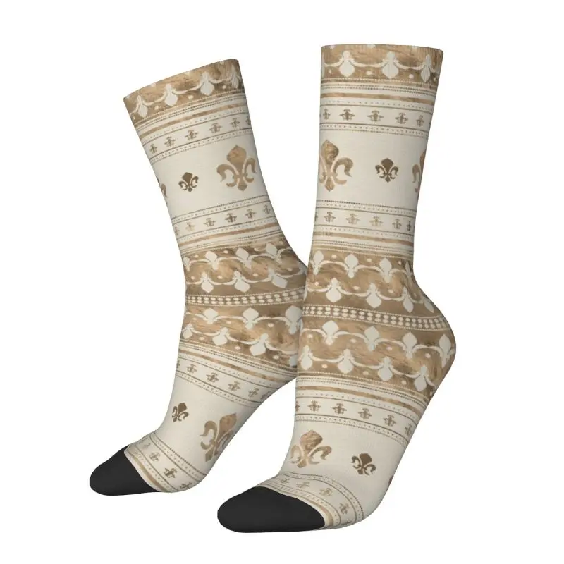 

Pastel Gold Fleur De Lis Dress Socks Mens Womens Warm Fashion Novelty Fleur-De-Lys Lily Flower Crew Socks