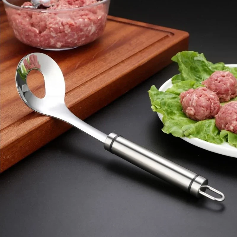 Cucchiaio in acciaio inossidabile per polpette e ravioli, con fori, cucchiaio per riso e carne, cucchiaio per ravioli di riso e carne con manico lungo, set di utensili da cucina.