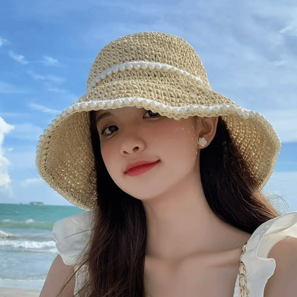

Fashion Pearl Women Sun Hat Woven Korean Style Straw Fisherman Hat Solid Color Breathable Bucket Hat Girl