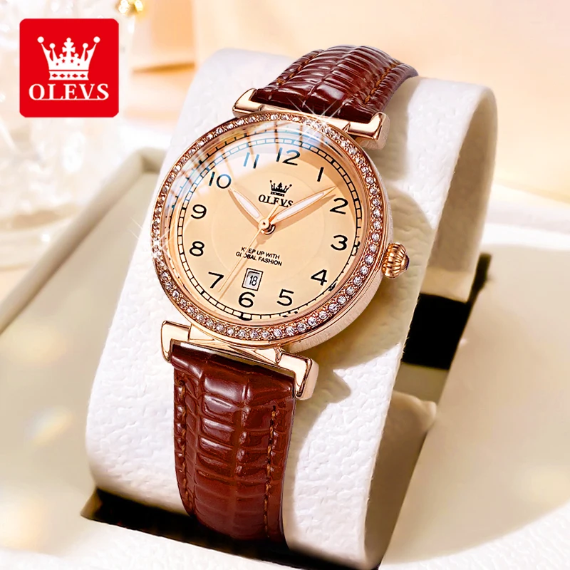 OLEVS 5590 Original Quarzuhr für Damen mit Datumsanzeige, leuchtendem Lederarmband, Damen-Armbanduhr, Quarz-Armbanduhren