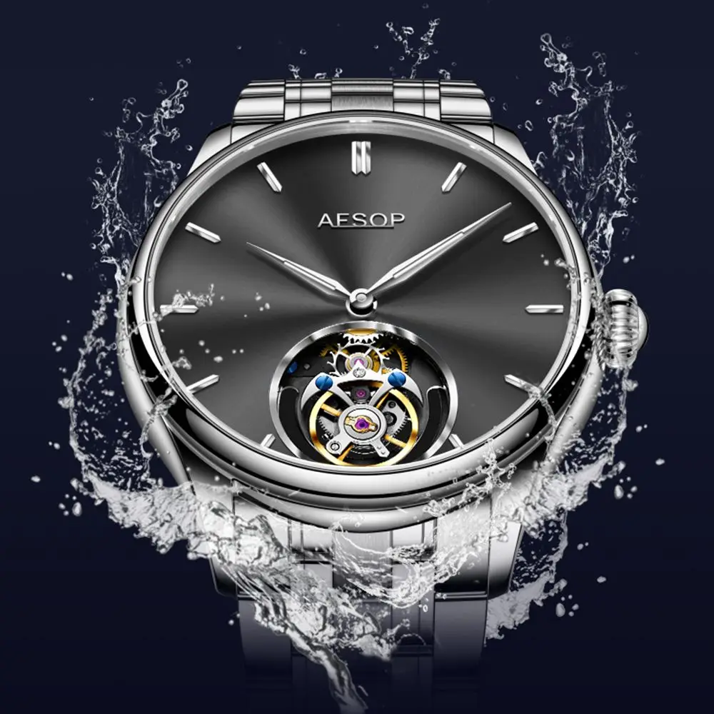 Aesop 7040 Tourbillon Mechanical Watch For Men Sapphire Waterproof Tourbillon Manual Mens Watch Luxury Steel Belt Waterproof New