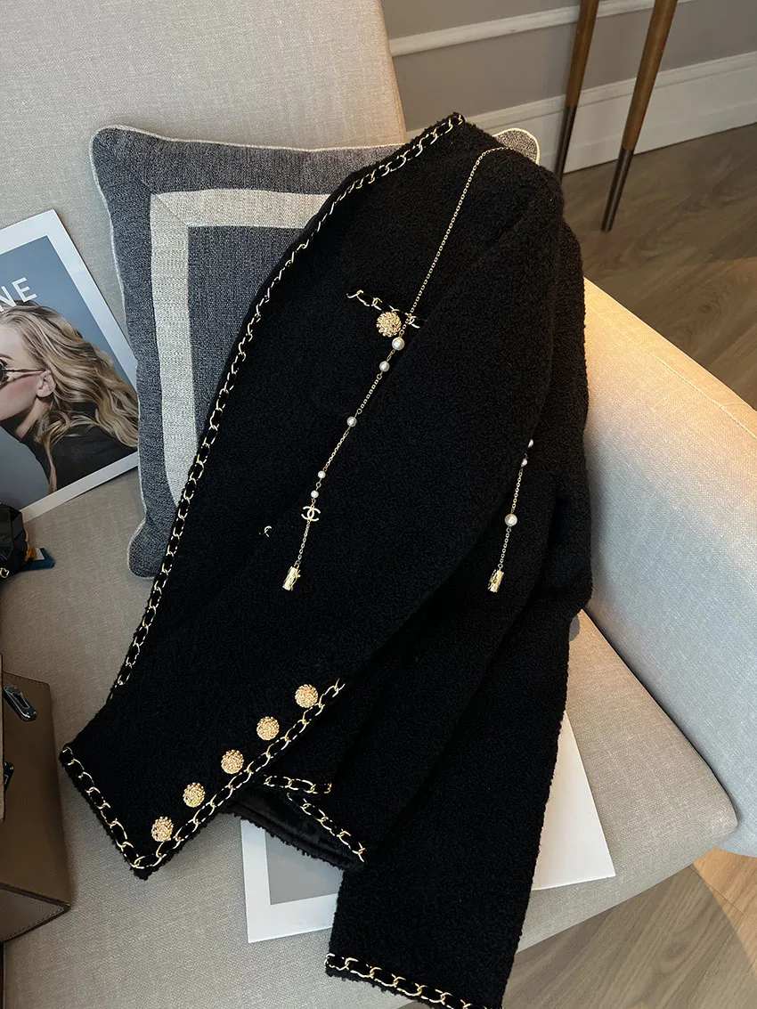 2024 Popular Beautiful Chic Short Fragrance Black Woven Gold-Rimmed Round Neck Suit Jacket Women\'s Winter Autumn Blazers