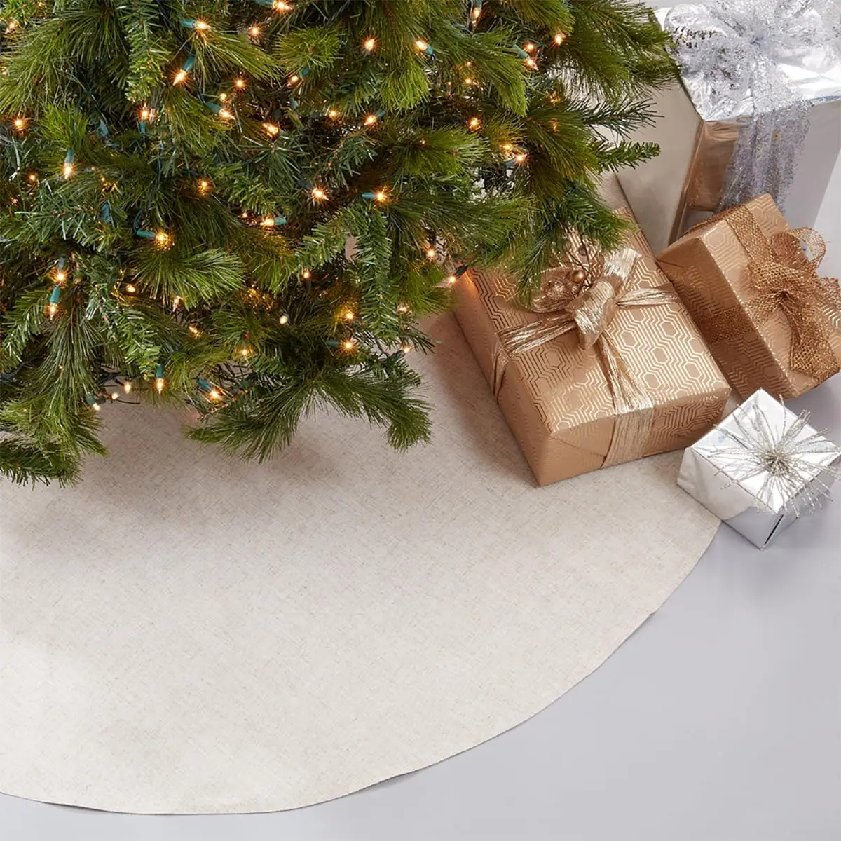 

Natural Linen Blend Decorative Christmas Tree Skirt 72 Inch Round - Plain Design Tree Skirt for Home, Holiday Decoration and