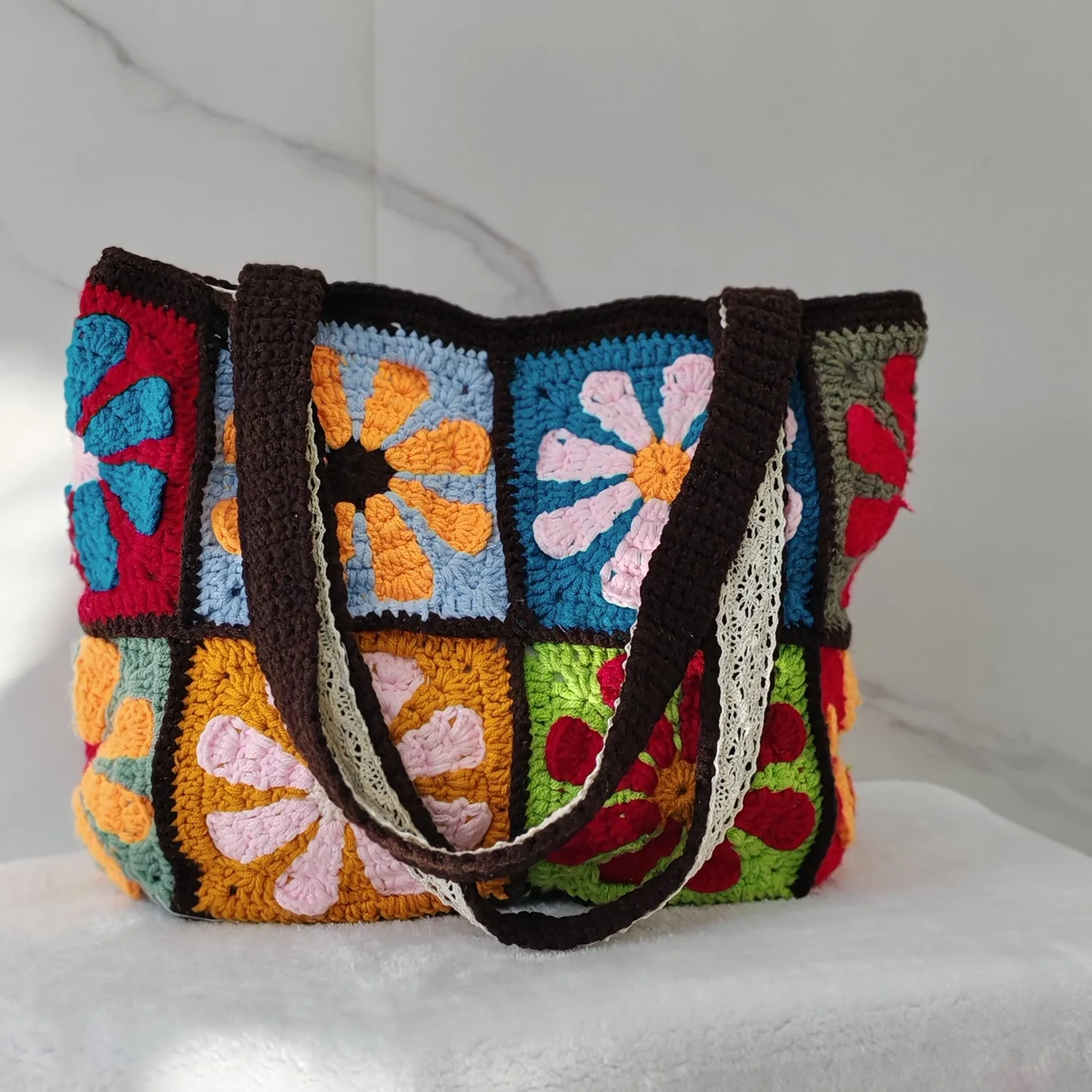 Colorful Handmade Crochet Shoulder Bag for Women – Cotton Granny Square Tote with Lining & Magnetic Closure, Vintage Boho Style