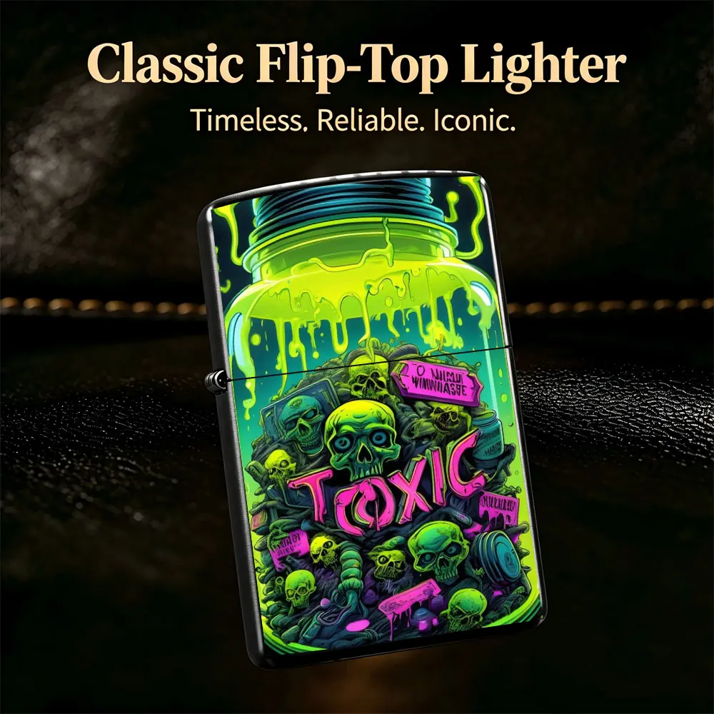 Pocket Lighter, Flip-Top Windproof Design, Metal Case, Skull Jar Print, Horror Movie Style, Portable Durable, Comfortable Grip, Creative Gift