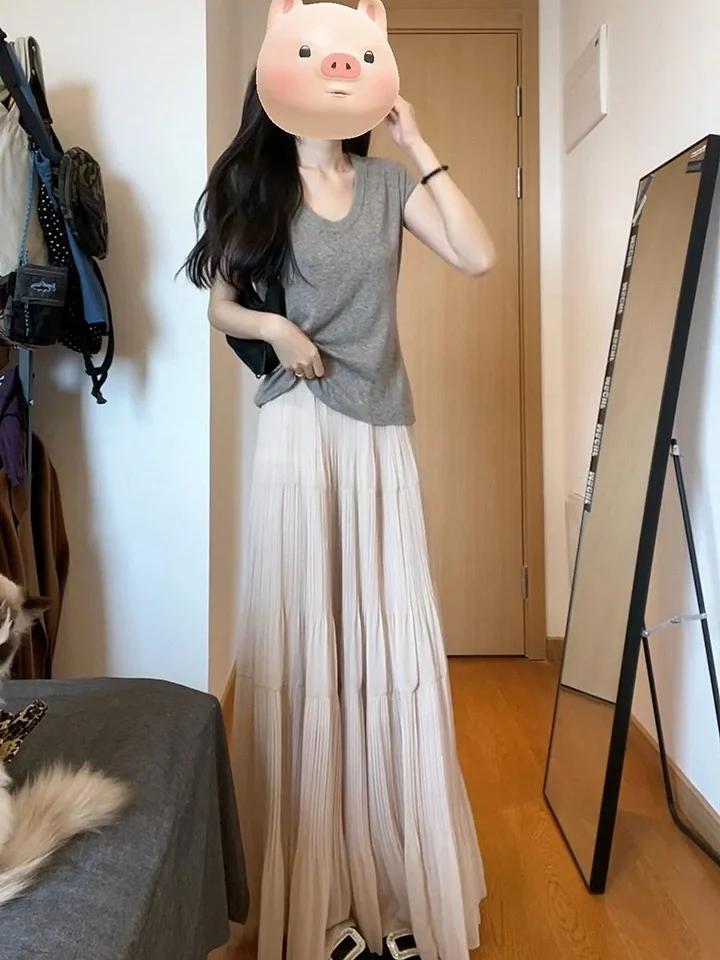 

Ele Soft Apricot Pleated f Skirt Women's Faionable Versatile A-Line Midi Skirt Comfortable High Waist Gored Skirt