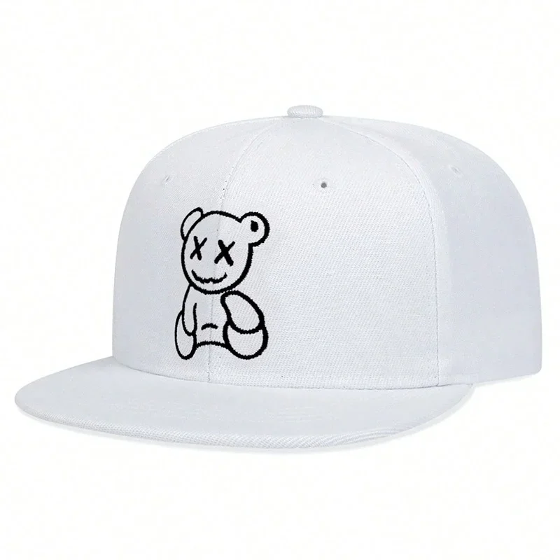 Cartoon Bear Outline 3D Embroidered Flat Brim Snapback Hat, Unisex Adjustable Street Baseball Cap for Men Wome